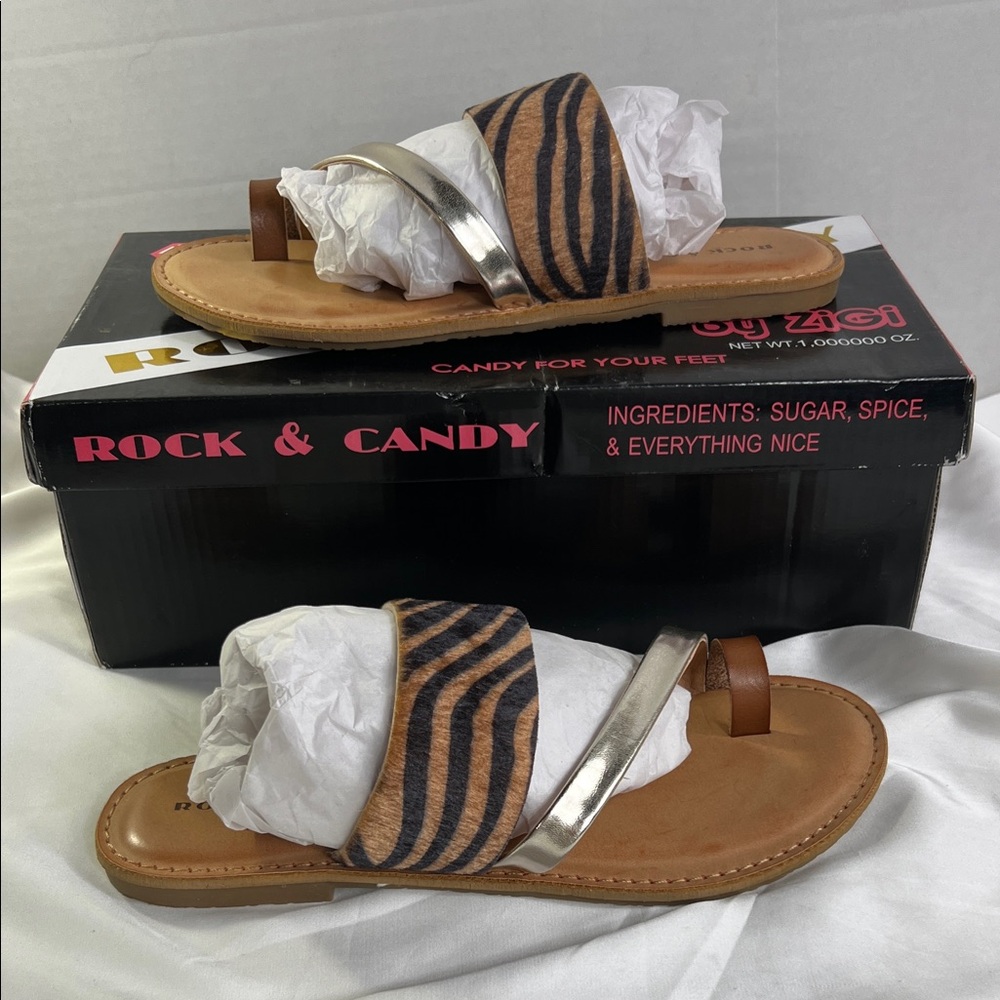 Rock & Candy Brown Zebra Print Sandals‎ with Silver Accent Women’s 6.5 New